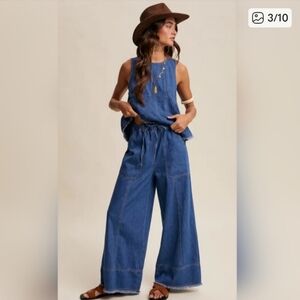 LISTICLE INDIGO DRIFT WIDE LEG DRAWSTRING PULL ON  JEANS AND TANK SET